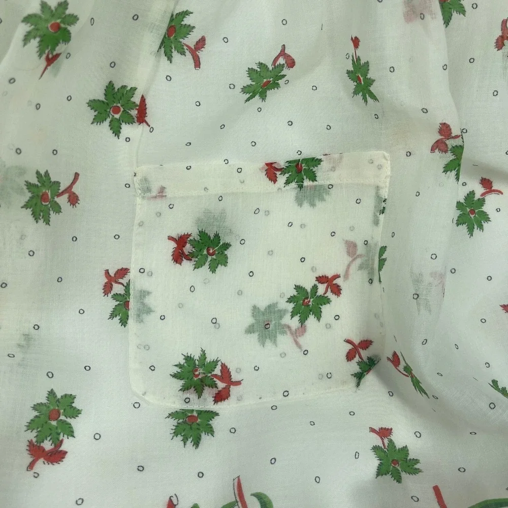 Vintage Christmas Half Apron Poinsettia Green Bow Print Two Pockets White Red